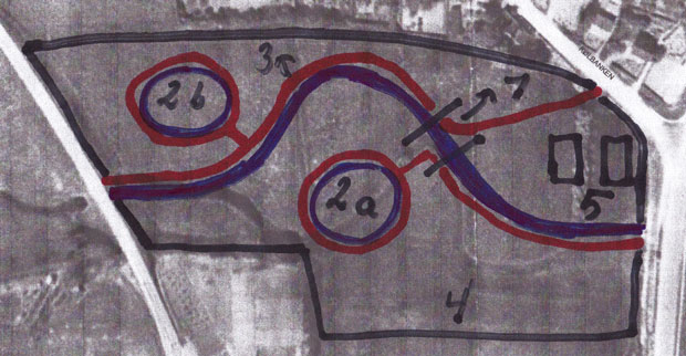 Skitse over anlæg ved Kølbanken. Kortet er fra før Åvænget blev anlagt og åens oprindelige slyngning anes
