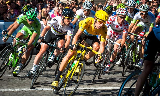 2012 Tour de France.  Fra venstre: Peter Sagan, , Mark Cavendish, Bradley Wiggins og Thomas Voeckler