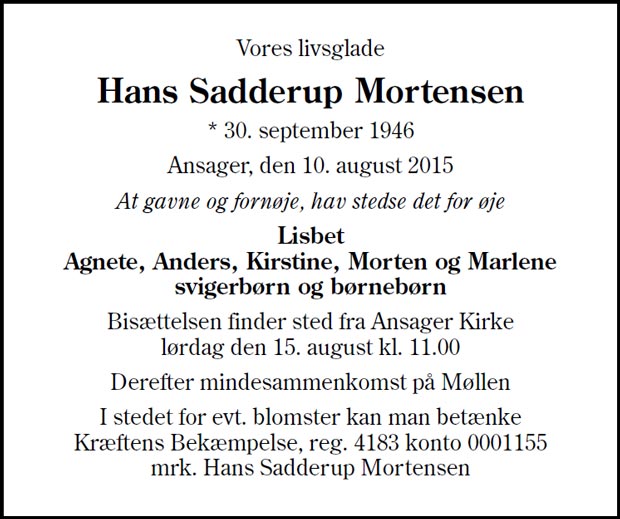 Hans Sadderup Mortensen, 20. sep 1946 - 10. aug 2015