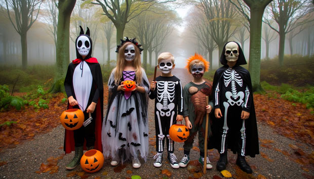 Børn og voksne i halloween kostumer ved skovens rand